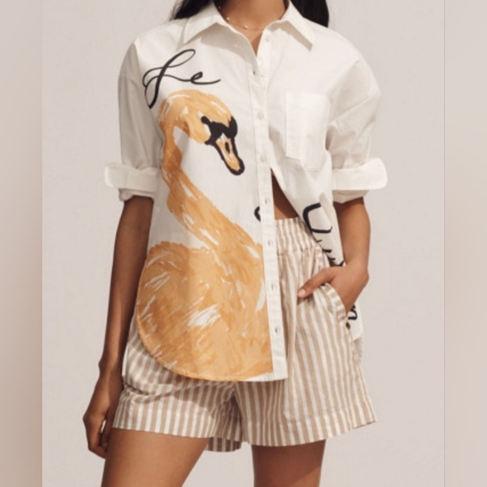 Anthropologie Cotton Swan Design Blouse Button Down Shirt